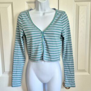 Cotton On Striped Long Sleeve Green Blue Pink Button Crop Top Women's‎ Small